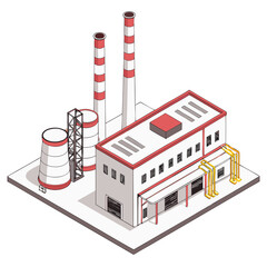 vector of a manufacturing facility with chimneys, conveyors, and control rooms, clean isometric style, white background
