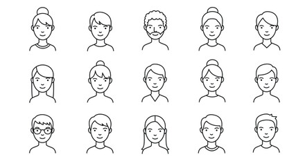Diverse minimalistic line art portraits showcasing various hairstyles and features