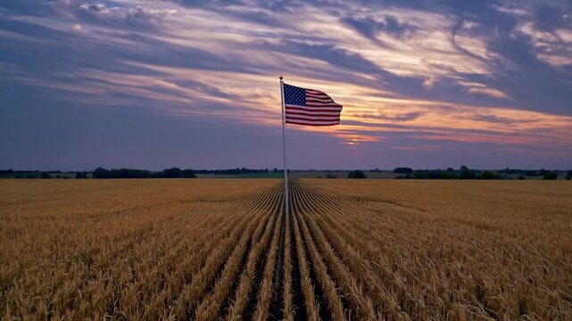 American flag waving in vast farmland under dramatic sunset sky, symbolizing patriotism, U.S. agriculture, independence, national pride, and traditional rural American values