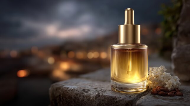 Luxurious Almond Oil Elixir Displayed Elegantly with Blossoms against a Blurred Cityscape Perfect for Premium Beauty Skincare and Wellness Advertising