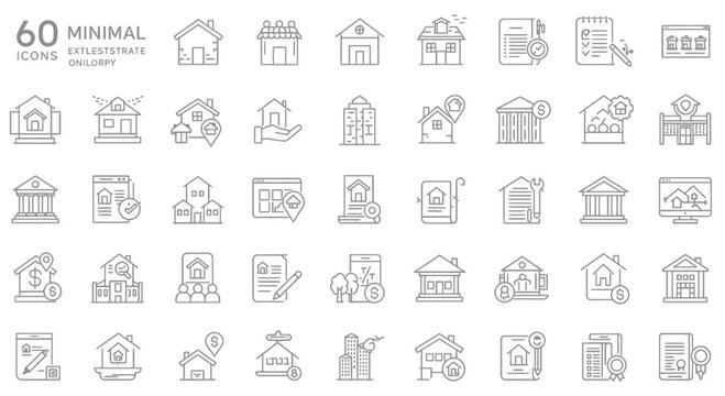 Minimalist real estate icon set showcasing property, finance, and location services