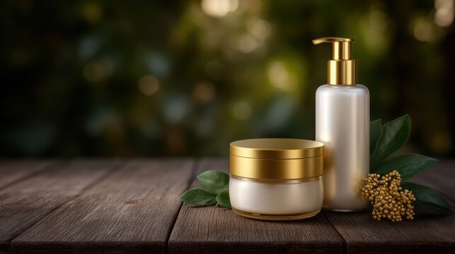 Elegant skincare set showcases a lotion bottle and cream jar with golden accents on a rustic wooden surface blending luxury with nature and serene wellness
