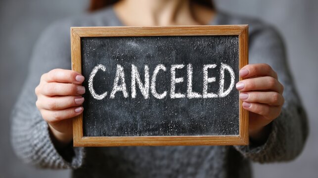 Canceled: A woman holds a chalkboard with the word "Canceled" written in chalk, symbolizing cancellation or termination.