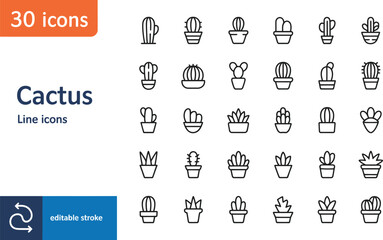 Set of thirty cactus line icons isolated on white background