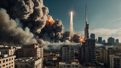 Missiles launch from city amidst explosions, smoke and flames