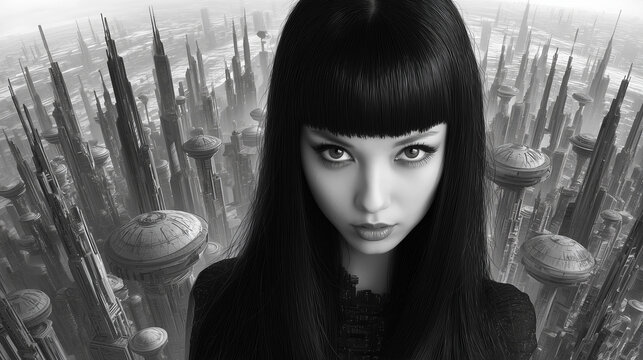 Monochrome portrait of enigmatic woman with blunt bangs against soaring cyberpunk megacity of spires and hovering domes.