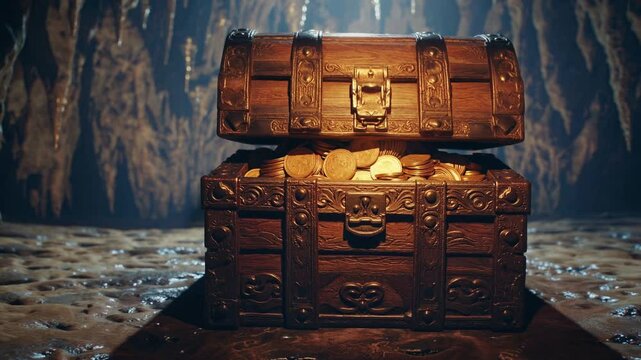 Old treasure chest beginning to open inside shadowy cave, glowing slightly, representing secrecy, ancient wealth, mystery, anticipation, and hidden treasure lore