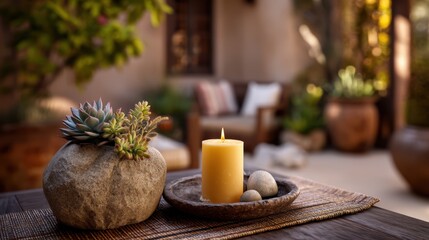Outdoor tranquility with a stone planter succulent candle and smooth stones creating a serene ambiance in a peaceful garden setting natural beauty