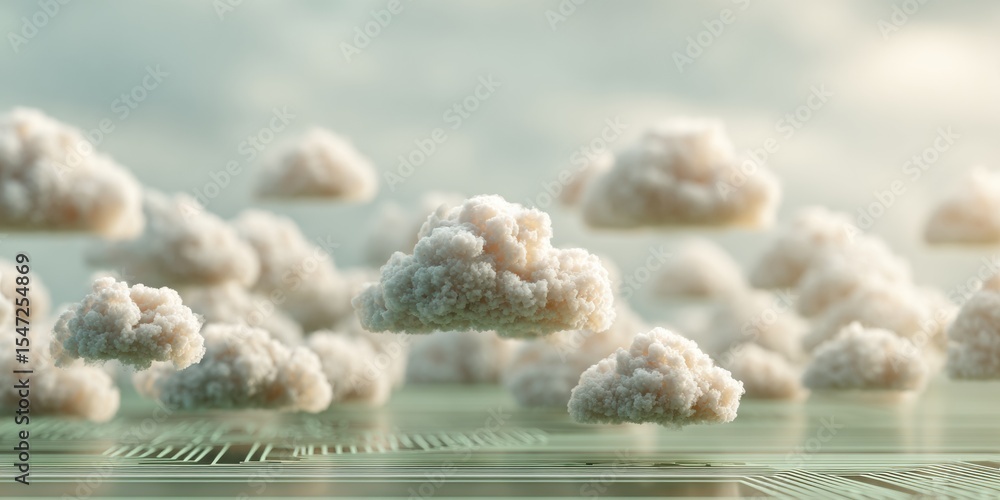 Aufkleber Futuristic Database Cluster with Cloud Icons Over Virtual Circuit Board for Scalable Cloud Computing and Digital Networking Solutions