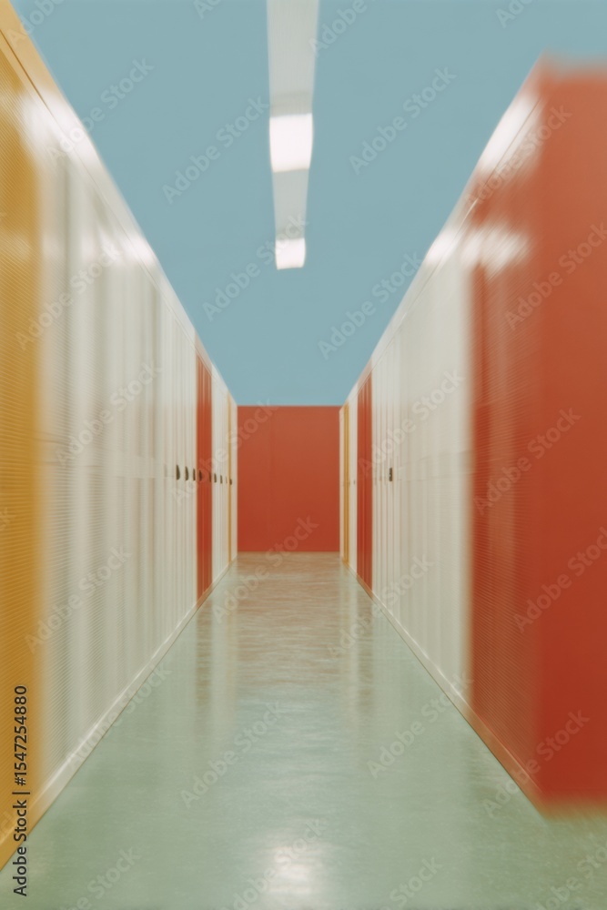 Poster Modern Minimalist Data Center Corridor with Color-Blocked Server Racks and Polished Flooring - Tech Infrastructure for Future-Ready Digital Solutions