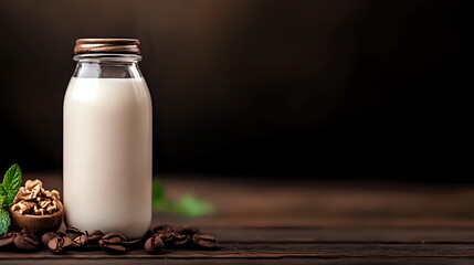 Fresh milk in glass bottle with coffee beans and wooden bowl on dark rustic table, moody food photography with copy space for cafe menu or dairy ads.