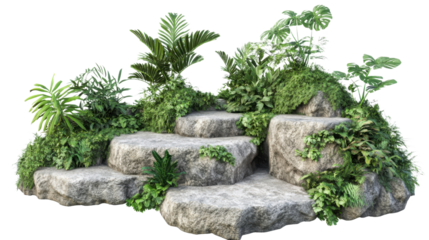 Set of tropical jungle stone platforms with moss and foliage details isolated on white background
