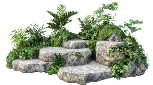 Set of tropical jungle stone platforms with moss and foliage details isolated on white background
