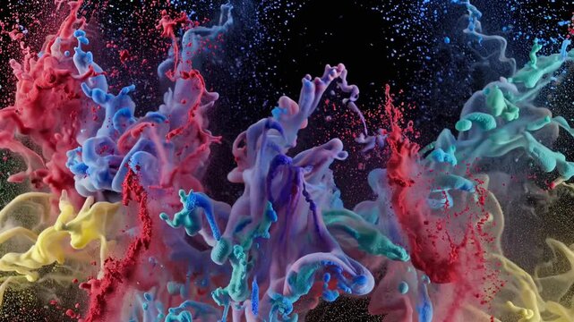 Color powder explosion captured on black background for festival celebration posters, Holi design templates, event marketing, motion effects, and graphic design overlays