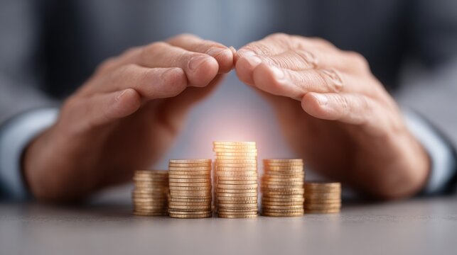 Businessman Protecting Stacked Coins with Hands Over Digital Grid Background Concept of Income Security and Wealth Protection in Finance