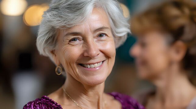 Cheerful senior woman with silver hair wearing purple blouse smiling warmly at social gathering, expressing joy and confidence. Natural lifestyle portrait for aging and wellness concepts.