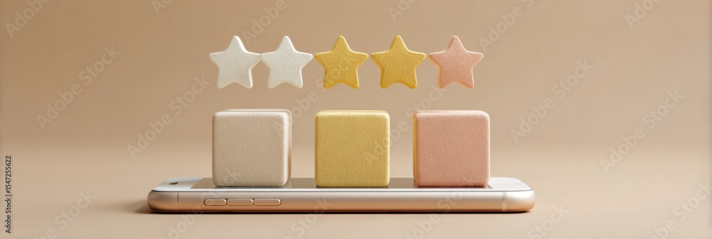 Poster Digital Customer Rating Interface with Five Star Feedback on Mobile App, Symbolizing Service Excellence and Business Success in Modern Tech and Branding
