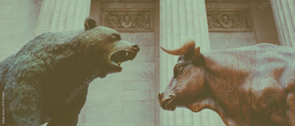 Poster intense battle between bronze bull and bear statues outside stock exchange with stone columns symbol