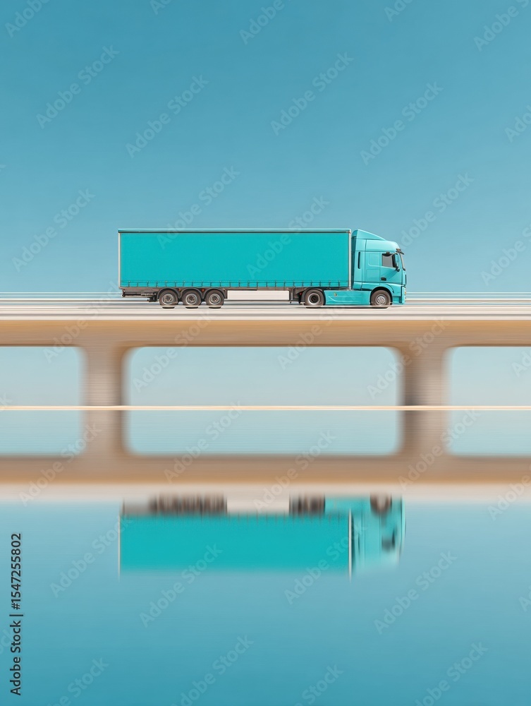Poster modern freight forwarding semi-truck on highway overpass with reflective water below - efficient log