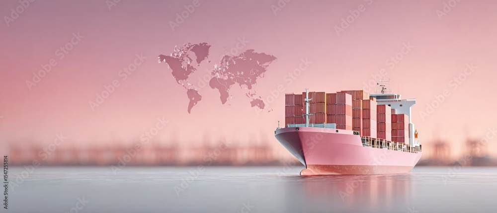 Aufkleber Global Freight Forwarding Cargo Ship with Shipping Containers and Network Map Overlay at Modern Port Terminal for Business Logistics