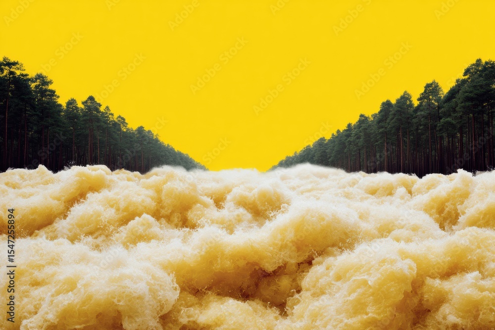 Poster flash flood turbulent muddy water overflowing forest banks with foam and debris - environmental risk