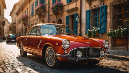 A stunning red vintage car parked on a charming European cobblestone street in sunlight.