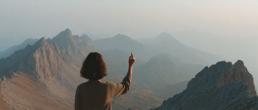 Inspired woman exploring mountain landscape symbolizing freedom, growth, and adventure in serene natural environment for lifestyle and wellness promotion