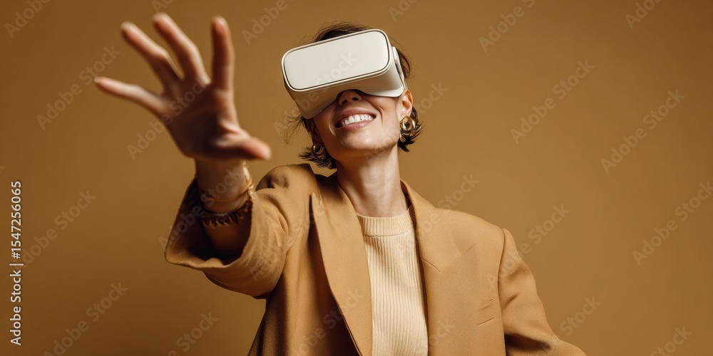 Aufkleber smiling young woman using virtual reality goggles reaching forward on warm brown backdrop for futuri