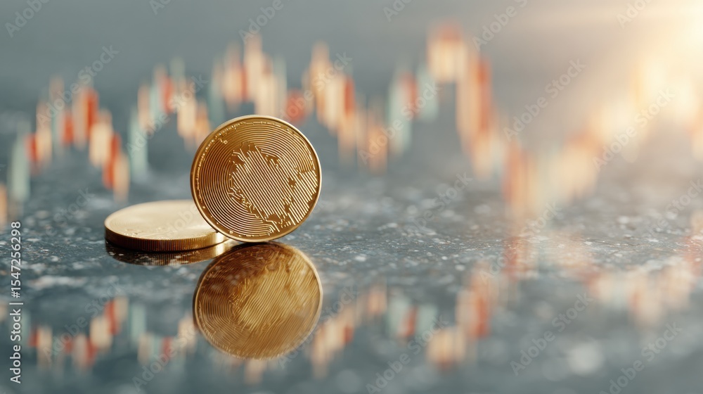 Poster digital currency coins with stock market charts reflected on glossy surface - modern finance and inv