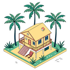 vector of a resort-style tropical villa with palm trees and open terrace in isometric format, white background
