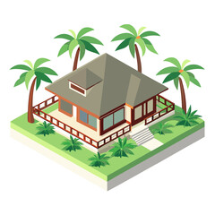 vector of a resort-style tropical villa with palm trees and open terrace in isometric format, white background
