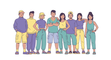 Fototapeta premium Diverse Group of Friends Posing Together in Colorful Casual Outfits.
