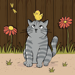 yellow chick on head of gray cat vector. cat and chick vector sketch