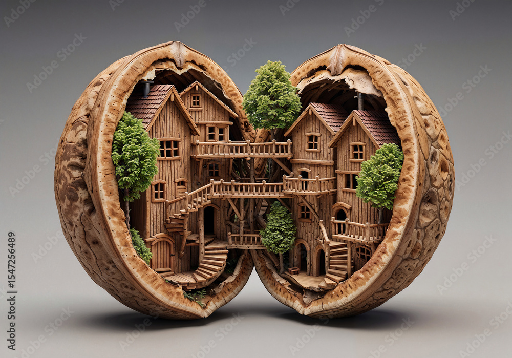 Poster miniature construction and building inside a nut . generative ai