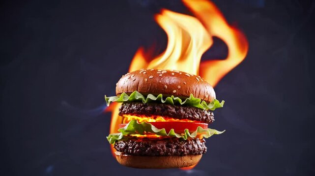 Towering gourmet burger with flaming top, stacked ingredients, and intense fire rising into the air, symbolizing bold flavor, extreme cooking, and explosive culinary creativity