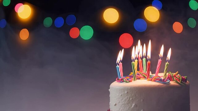 Birthday cake topped with colorful lit candles under warm glowing string lights, surrounded by soft fog and a moody background, symbolizing joy, celebration, and magic