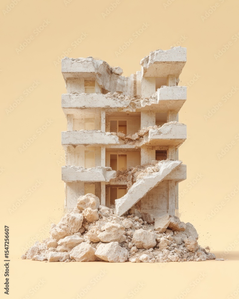 Poster urban concrete collapse partially destroyed multi-story building with exposed floors and debris for 