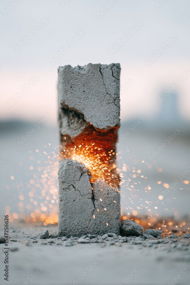 Poster cracked concrete column with exposed rebar and sparks under urban bridge - engineering safety concep
