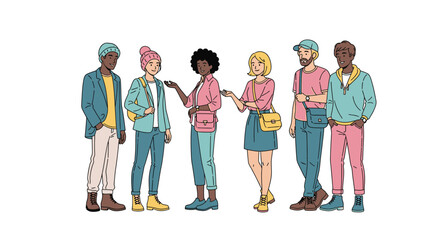 Diverse group of stylishly dressed young adults in casual conversation