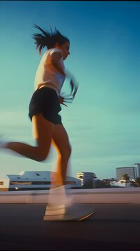A blurry photograph of a female athlete running, wearing black shorts and white socks, in motion blur.