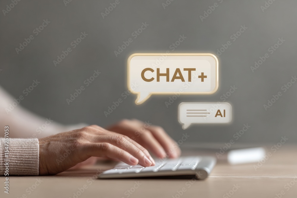 Poster modern chatbot interface with hands typing on keyboard and ai chat notification popups for digital c