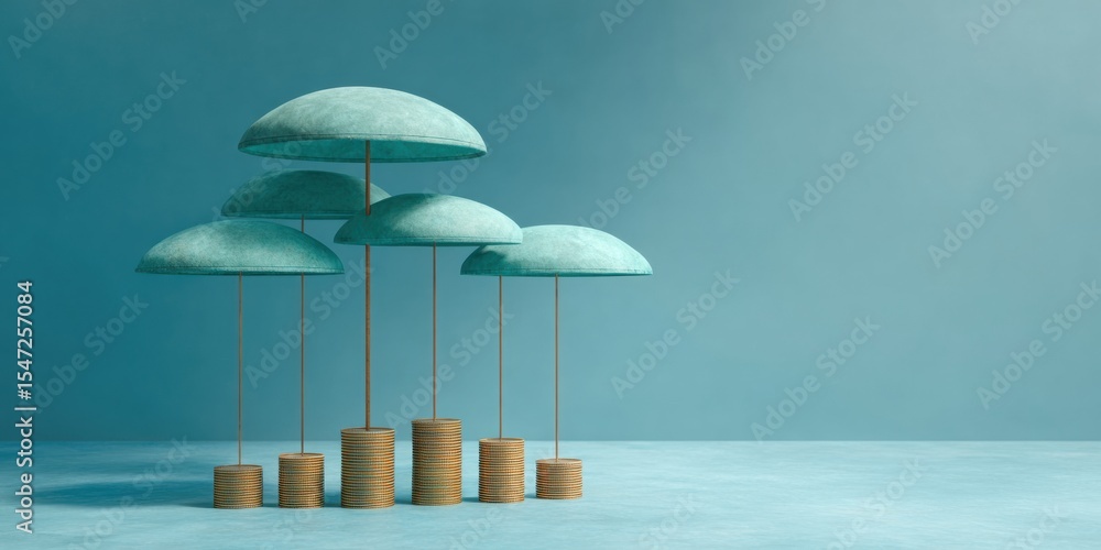 Poster capital preservation concept with wooden umbrellas shielding ascending coin stacks on blue backgroun
