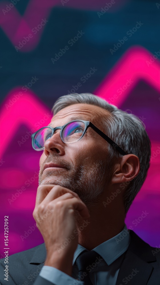 Poster thoughtful professional man analyzing financial data on screen with abstract graphs for strategic ca