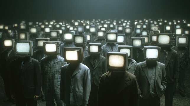 Crowd of Men with TV Heads: A Surreal and Disturbing Commentary on Media Consumption and Conformity