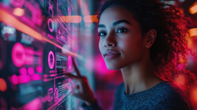 Confident young woman interacting with futuristic digital touchscreen interface, glowing with vibrant pink and blue data visuals, representing technology and innovation. - Powered by Adobe