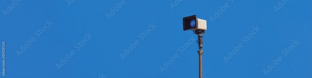 Poster professional boom microphone with windshield mounted on pole against blue background for precise aud