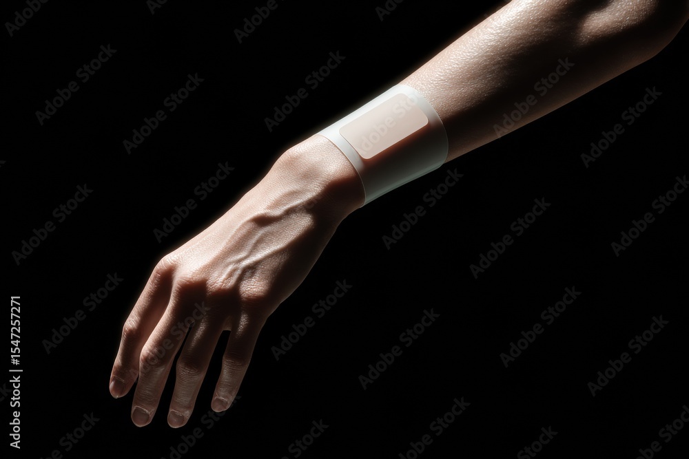 Aufkleber Close-up of forearm wearing AI-powered glucose monitoring patch with sleek design, dark gradient background, highlighting biohacking and wearable health tech innovation
