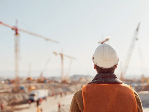 Civil Engineer in Safety Helmet Overlooking Active Construction Site with Cranes and Scaffolding - Leadership and Responsibility in Modern Infrastructure Project Management