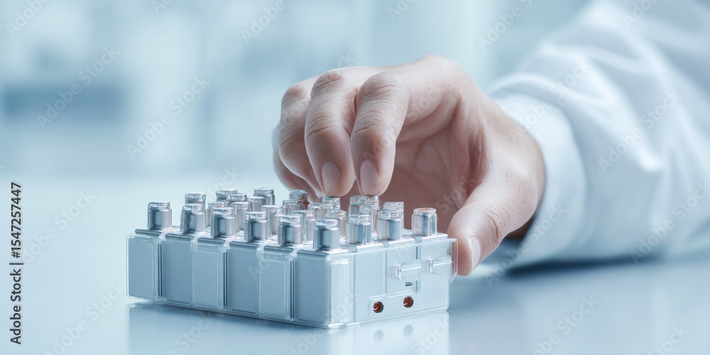 Poster Modern lithium battery pack assembly with integrated management system on laboratory table for electric vehicle and sustainable energy innovation