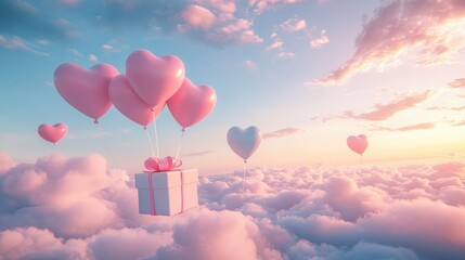 Fototapeta premium A Box flying on a parachute with pink cloud in valentine day,package flying down from sky and cloud with parachute, concept for delivery service,shopping online,air delivery service.